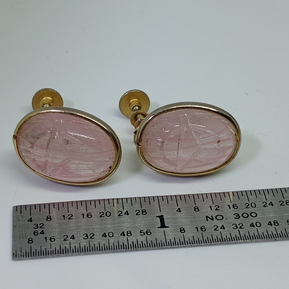 * vintage Pink Marble Glass Scarab Egyptian screw back earrings - Picture 2 of 4
